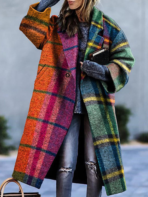 xakxx Long Sleeves Loose Contrast Color Plaid Split-Joint Lapel Outerwear Windbreakers Woolen Coat