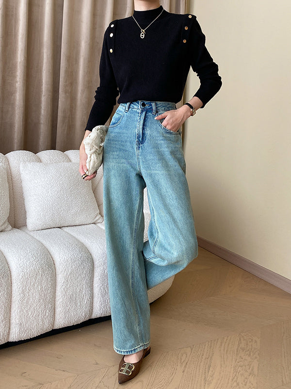 xakxx Long Sleeves Buttoned Split-Joint High-Neck Sweater Tops
