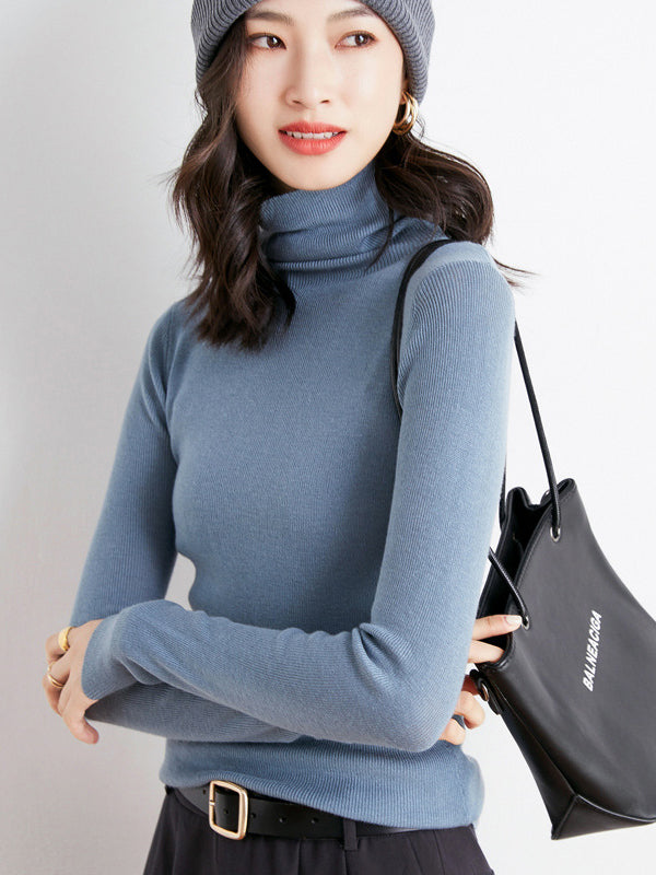 xakxx Simple Skinny Long Sleeves Solid Color High-Neck Sweater Tops Pullovers