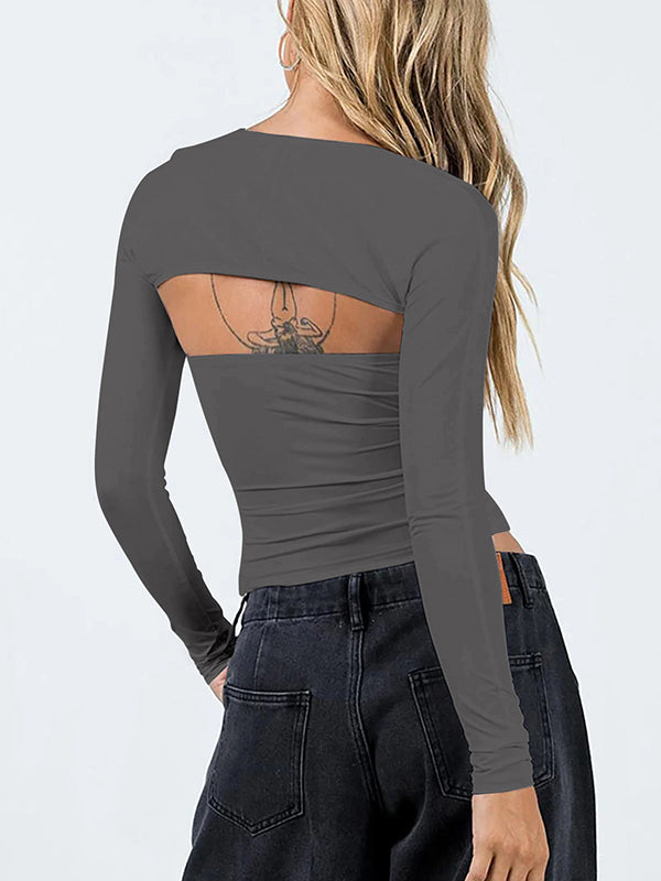 xakxx Long Sleeves Skinny Solid Color Collarless T-Shirts Tops