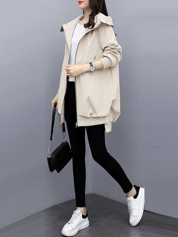 xakxx Casual Loose 4 Colors Pleated Zipper Hooded Long Sleeves Outwear