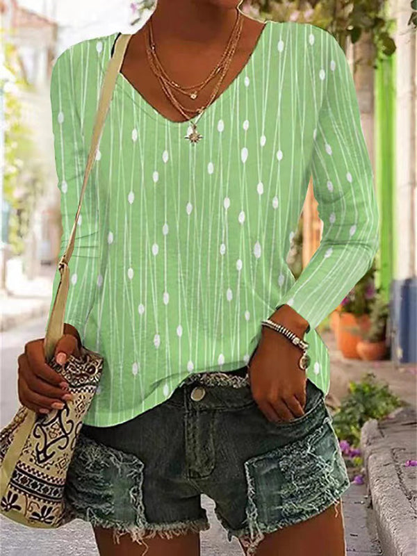 xakxx Long Sleeves Loose Printed V-Neck T-Shirts