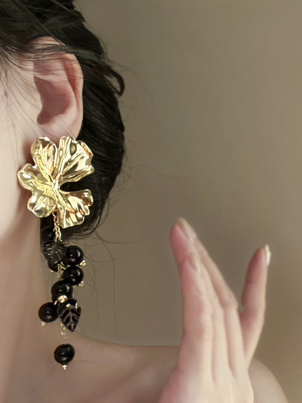 xakxx Contrast Color Flower Shape Pleated Drop Earrings Earrings Accessories
