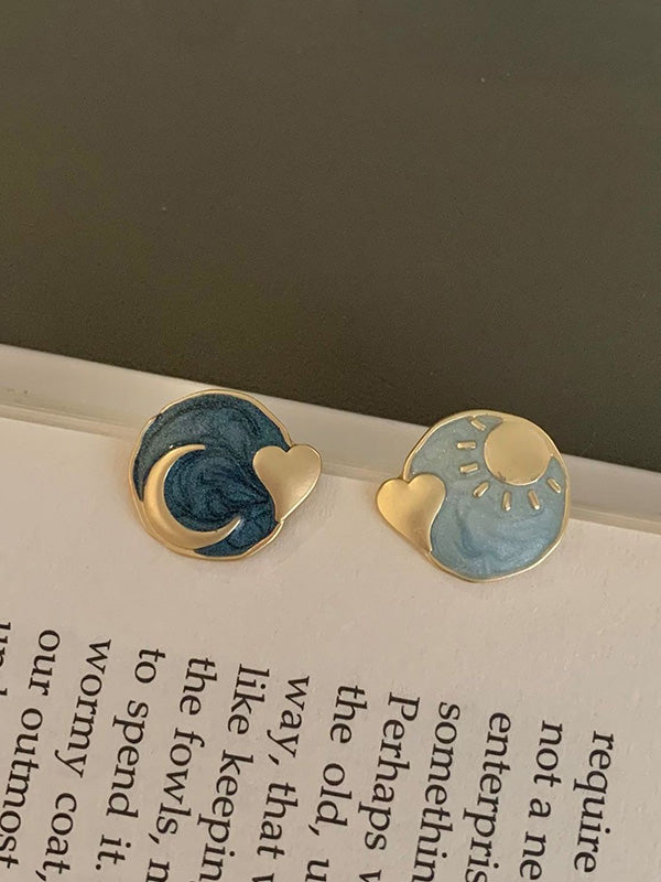 xakxx Vintage Asymmetric Sun Moon Shape Earrings