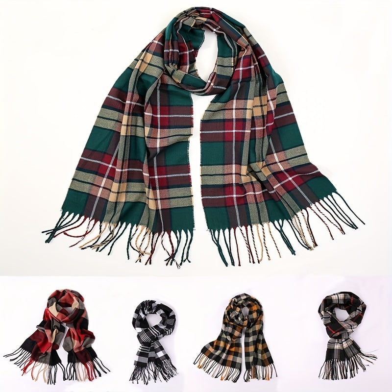1pc Autumn And Winter Fashion Plaid Men's Imitation Cashmere Scarf Tassel Neck Wrap