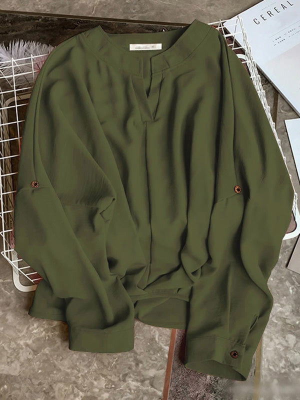 xakxx Casual Long Sleeves Loose Solid Color V-Neck Blouses&Shirts Tops