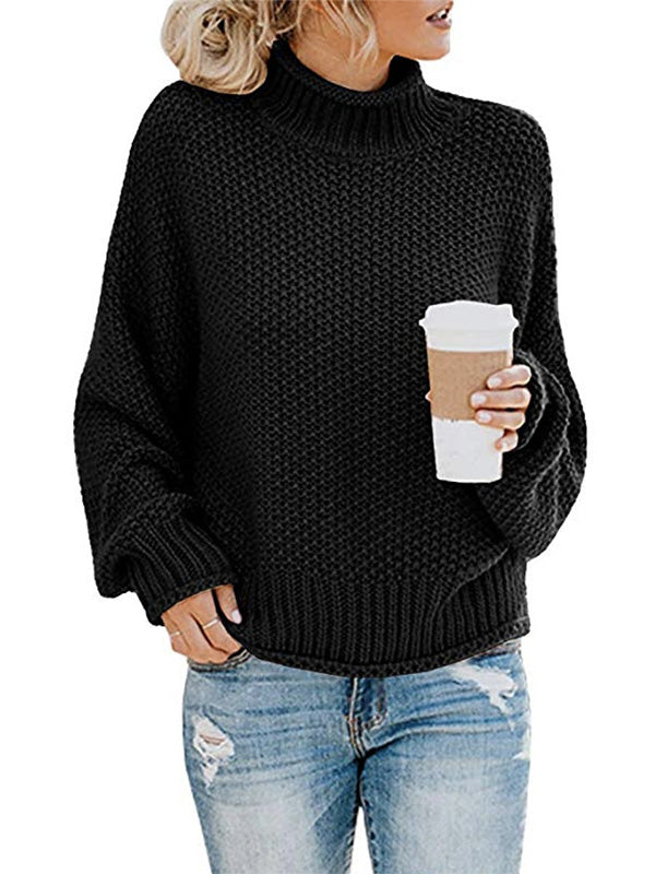 xakxx Casual Long Sleeves Solid Color High-Neck Sweater Tops