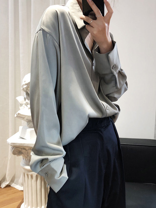 xakxx Simple Solid Color Satin Chiffon Long Sleeve Blouse