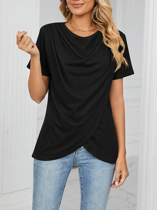 xakxx Loose Short Sleeves Pleated Solid Color Split-Joint Round-Neck T-Shirts