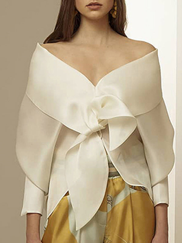 xakxx High-Low Bishop Sleeve Falbala V-Neck Blouses&Shirts Tops