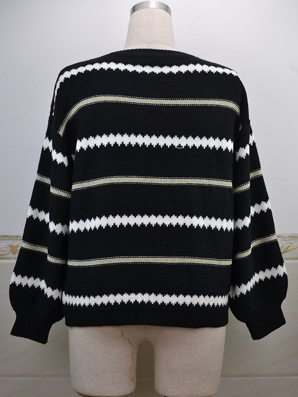 xakxx Long Sleeves Loose Striped Round-Neck Knitwear Pullovers Sweater Tops