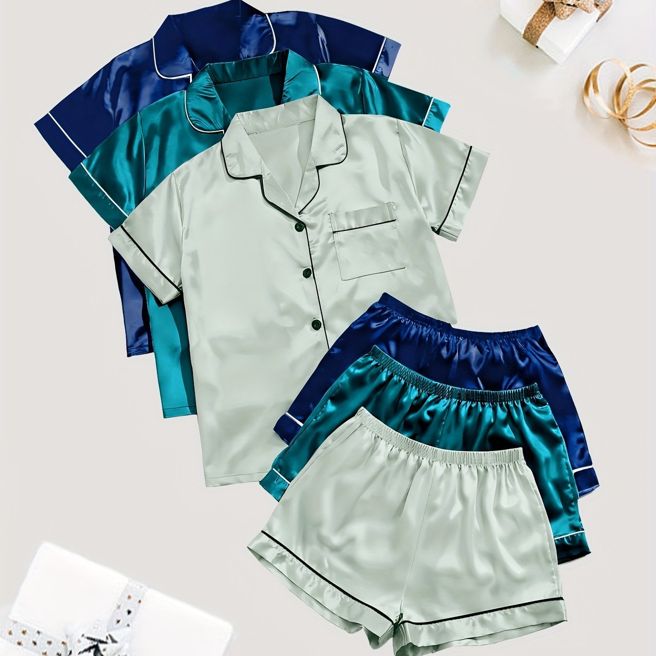 3-Pack Solid Satin Womens Pajama Set - Lightweight & Soft Short Sleeve Lapel Tops with Elastic Shorts - Stylish Sleepwear for Casual Lounging, Comfy Nighttime Elegance
