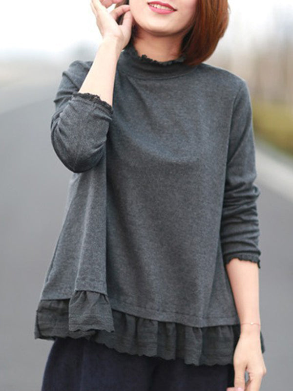 xakxx Original Creation Long Sleeves Loose Ruffled Solid Color Stand Collar T-Shirts Tops