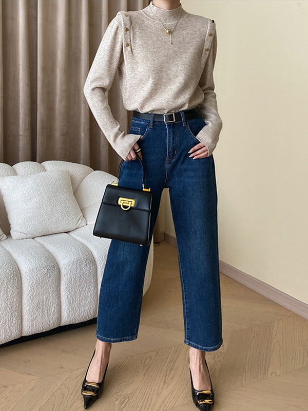 xakxx Long Sleeves Buttoned Split-Joint High-Neck Sweater Tops