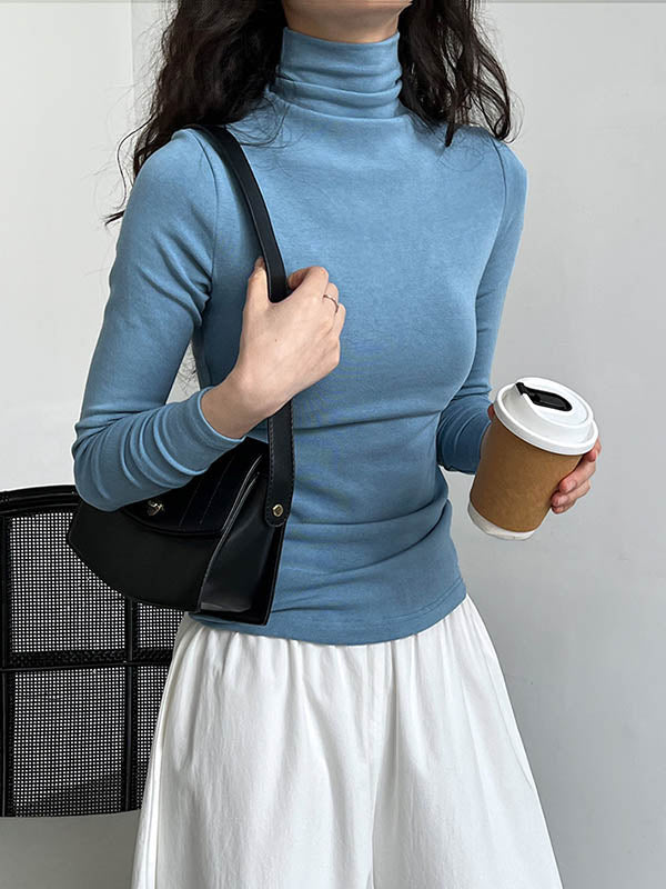 xakxx Long Sleeves Skinny Solid Color Split-Joint High Neck T-Shirts
