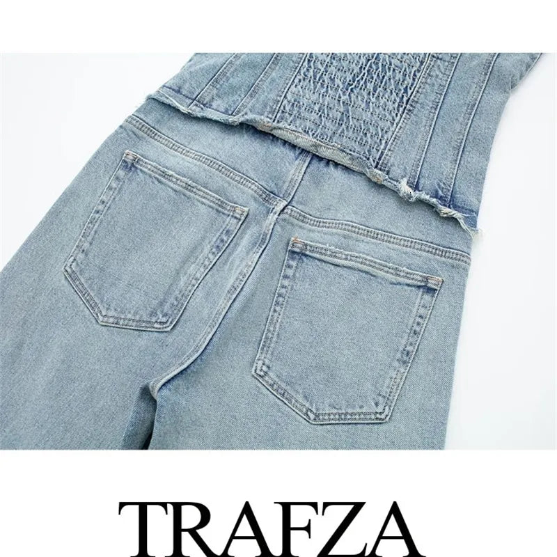 Women s Jumpsuits Rompers TRAFZA Women Chic Denim Button With Tube Top Vintage Casual Backless Elastic Force Female Streetwear Playsuits 230804