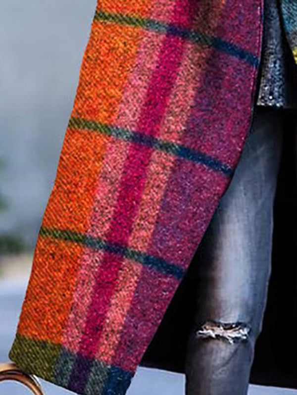 xakxx Long Sleeves Loose Contrast Color Plaid Split-Joint Lapel Outerwear Windbreakers Woolen Coat