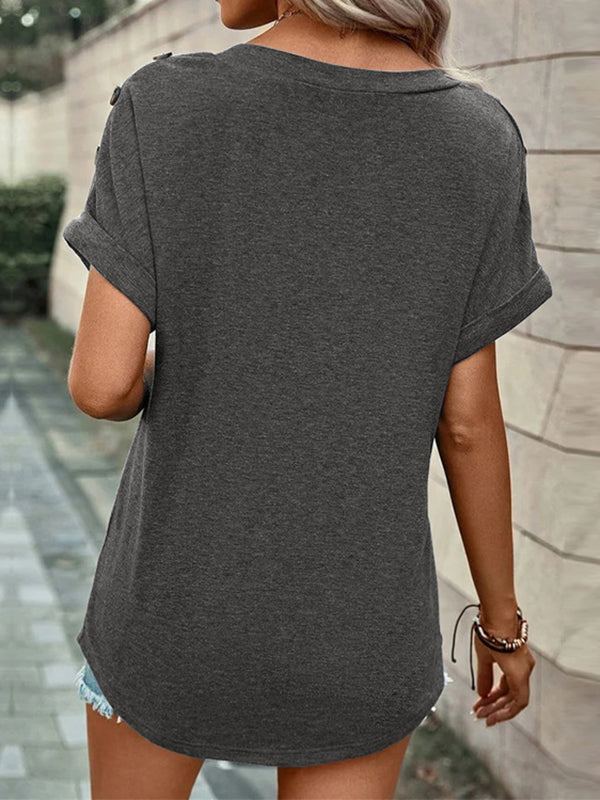 xakxx Loose Short Sleeves Buttoned Solid Color V-Neck T-Shirts Tops
