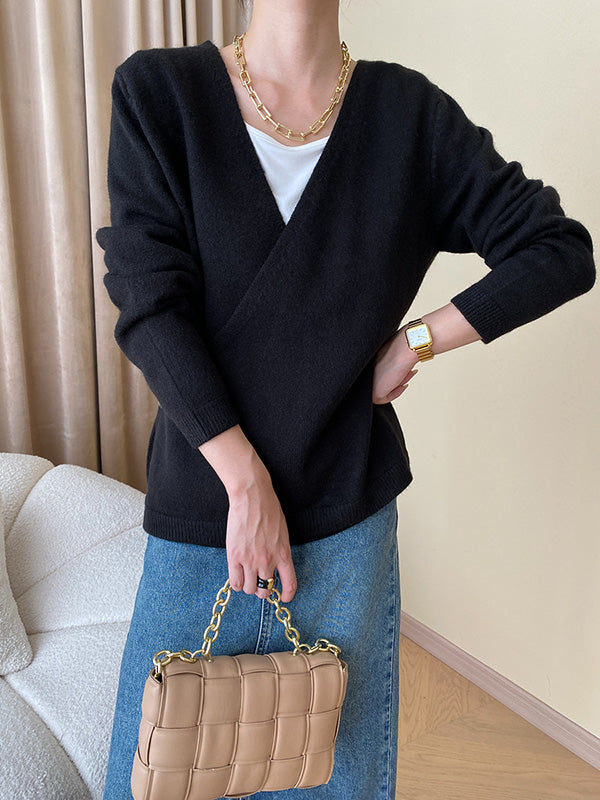 xakxx Long Sleeves Loose Asymmetric Buttoned V-neck Sweater Tops