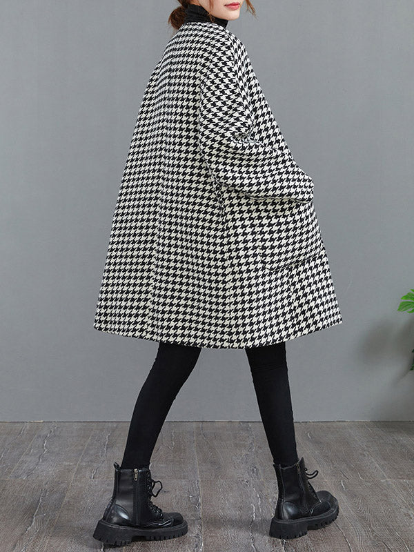xakxx Loose Houndstooth Buttoned Round-Neck Long Sleeves Woolen Coat