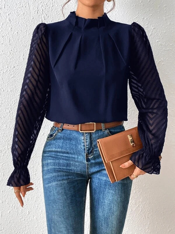 xakxx Long Sleeves Loose Elasticity Mesh Pleated Solid Color Mock Neck Blouses&Shirts Tops