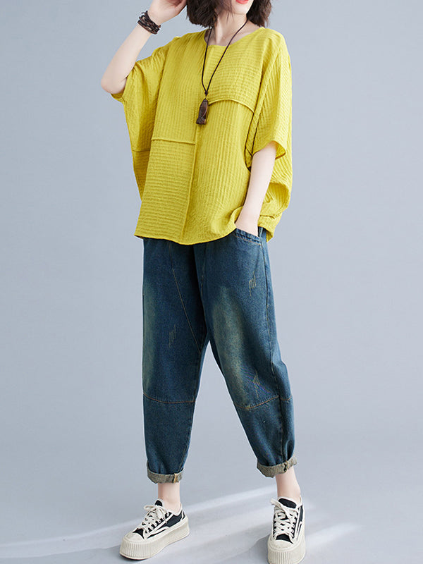 xakxx Batwing Sleeves Loose Solid Color Split-Joint Round-Neck T-Shirts Tops