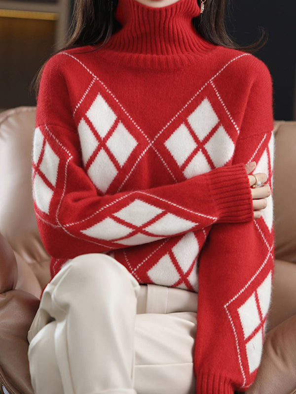 xakxx Casual Long Sleeves Loose Plaid High-Neck Sweater Tops
