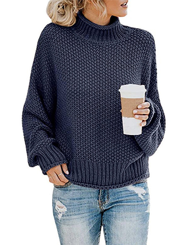 xakxx Casual Long Sleeves Solid Color High-Neck Sweater Tops