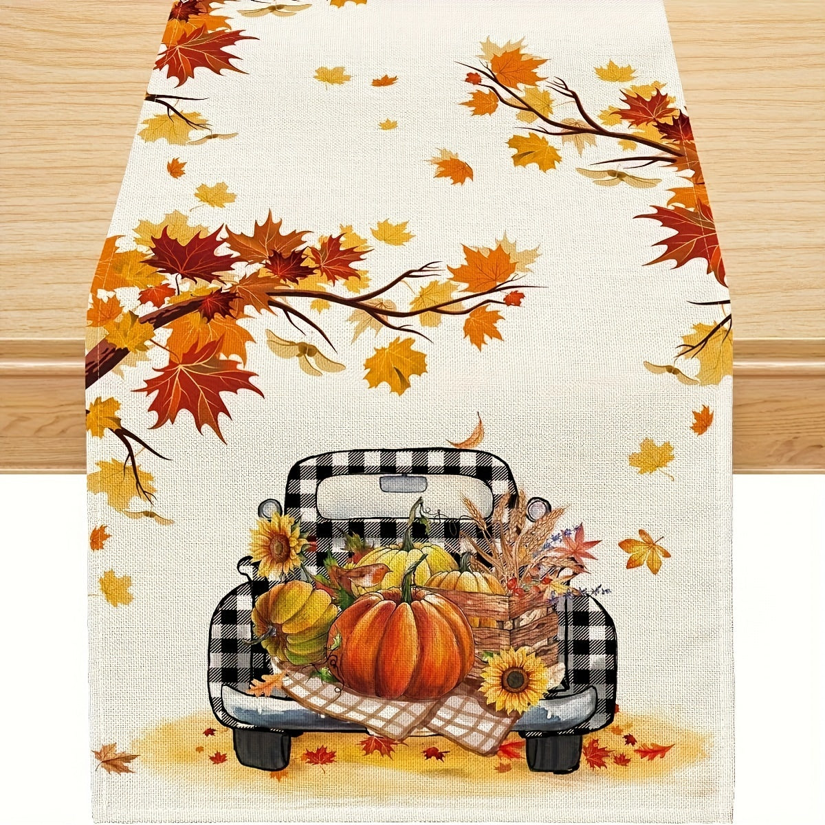 Fall Harvest Pumpkin Truck Table Runner - Seasonal Buffalo Plaid Table Decor for Indoor Outdoor Dining Tables - Thanksgiving Holiday Decorations for Home Fall Decorations