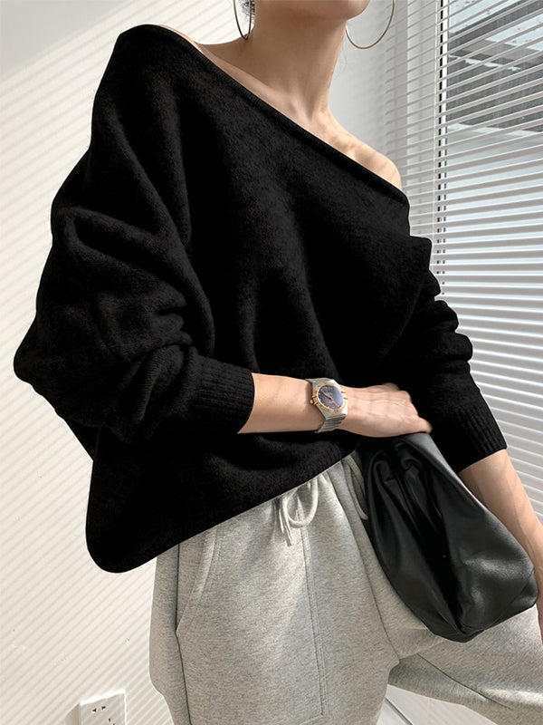 xakxx Casual Loose Long Sleeves Solid Color Off-The-Shoulder Sweater Tops