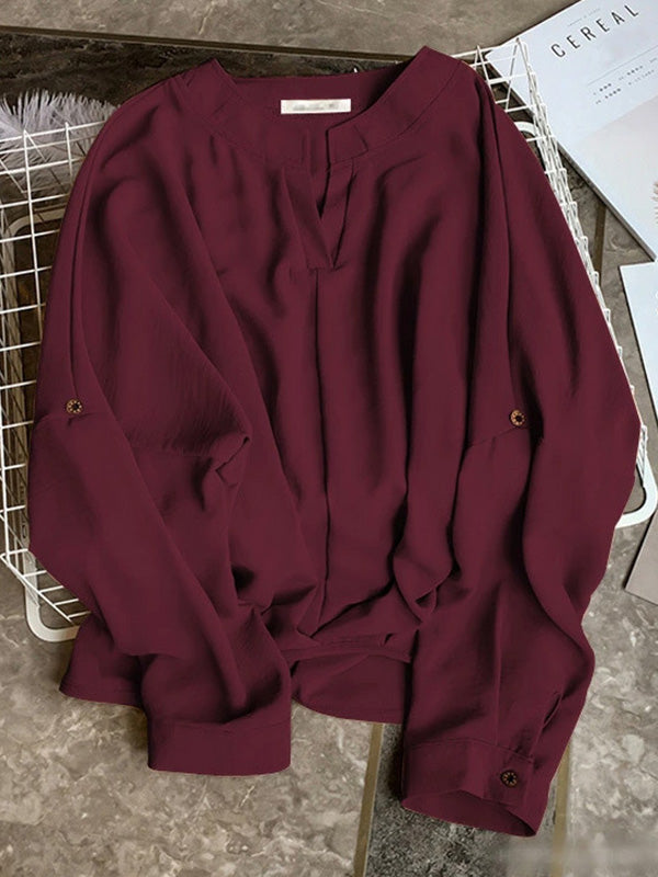 xakxx Casual Long Sleeves Loose Solid Color V-Neck Blouses&Shirts Tops