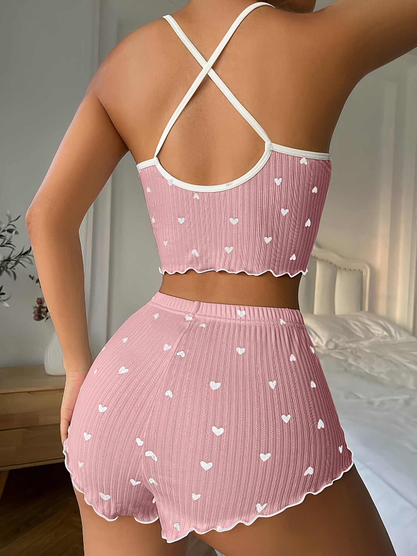 Romantic Heart Print Pajama Set - Soft Ribbed Fabric with Flirty Frill Trim, Bow Detail Notched Cami & Elastic Shorts, Chic Cross-Strappy Backless Top - Womens Stylish Sleepwear for Sweet Dreams