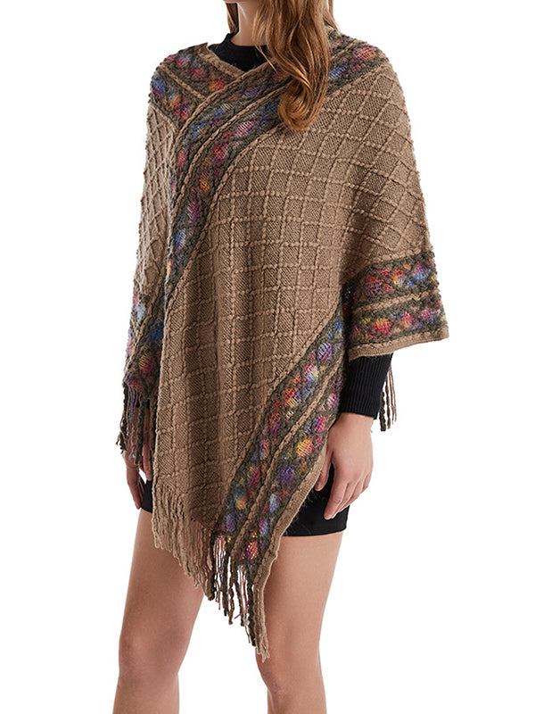 xakxx Loose Asymmetric Tasseled V-Neck Cape Shawl&Cloak