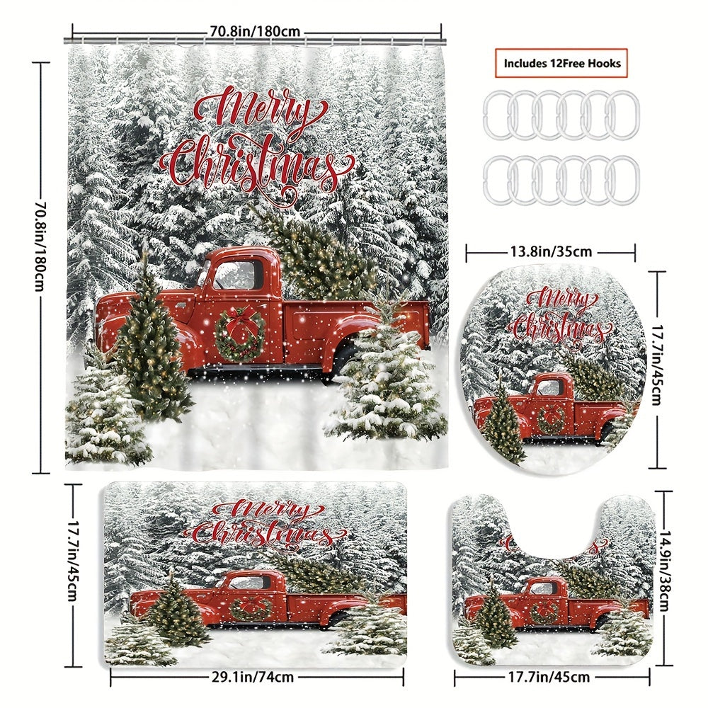 Festive Winter Red Truck Bathroom Decor Set - Waterproof Shower Curtain, Non-Slip Bath Mat, Toilet Seat Cover, Bathroom Rug, 12 Plastic Hooks, and More - Perfect for Cozy Home Decor and Winter Holiday Theme
