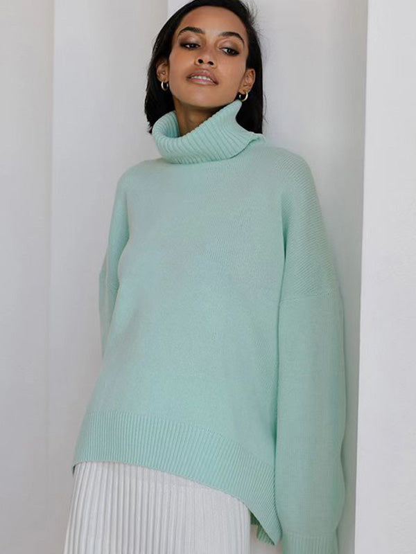 xakxx Casual Long Sleeves Loose Solid Color High-Neck Sweater Tops