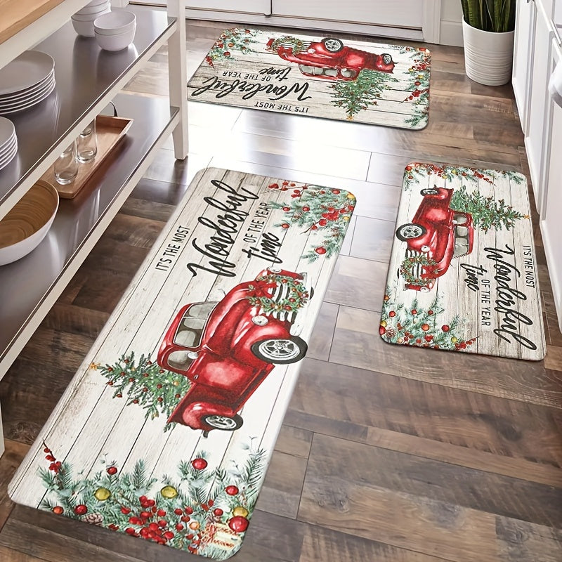 1pc Christmas Car Bathroom Absorbent Floor Mat, Merry Christmas Quick-drying Floor Mat, Christmas Tree Non-slip Floor Mat, Hallway Balcony Polyester Rug, Entrance Door Mat, Christmas Decorative Rug, Washable Home Operated Rug Hallway Laundry Room
