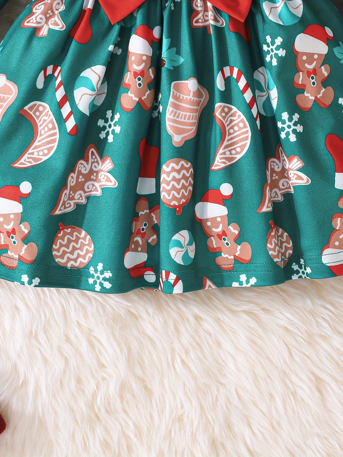 Adorable Girls' Christmas Dress with Festive Print & Matching Solid Color Headband - Long Sleeve, Round Neck, Machine Washable - Perfect for Holiday Outfits, Christmas Elements, Girls' Clothing