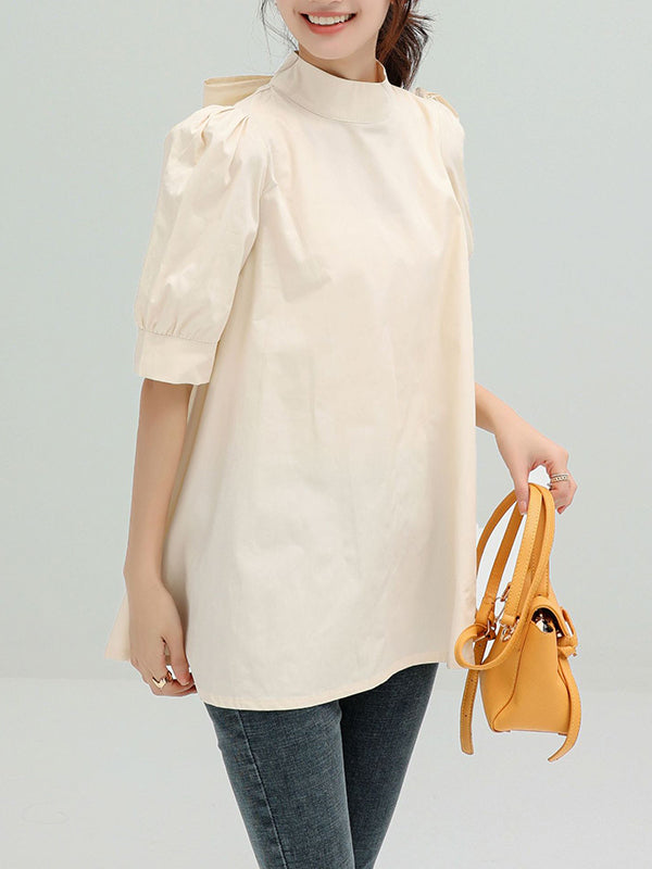 xakxx Casual Loose Bow-Embellished Solid Color Blouse