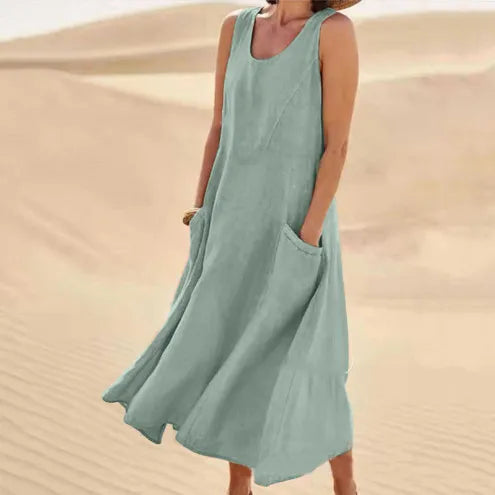Hot Summer women Casual Dresses pocket sleeveless round neck women's cotton linen dress loose Khaki White black home outdoor skirt Big Size S-5XL 1f9 89b