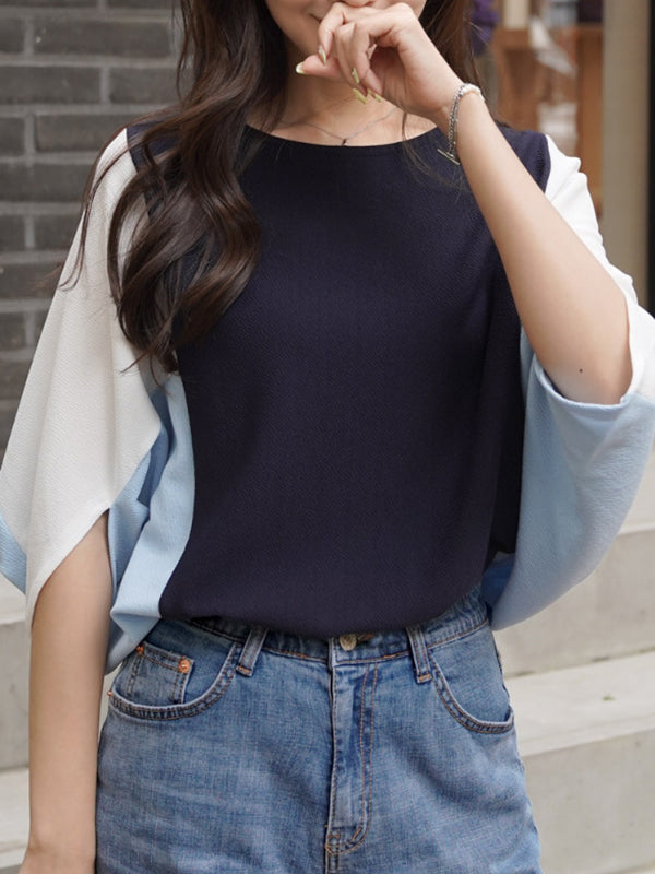 xakxx Batwing Sleeves Half Sleeves Contrast Color Round-Neck Blouses&Shirts Tops