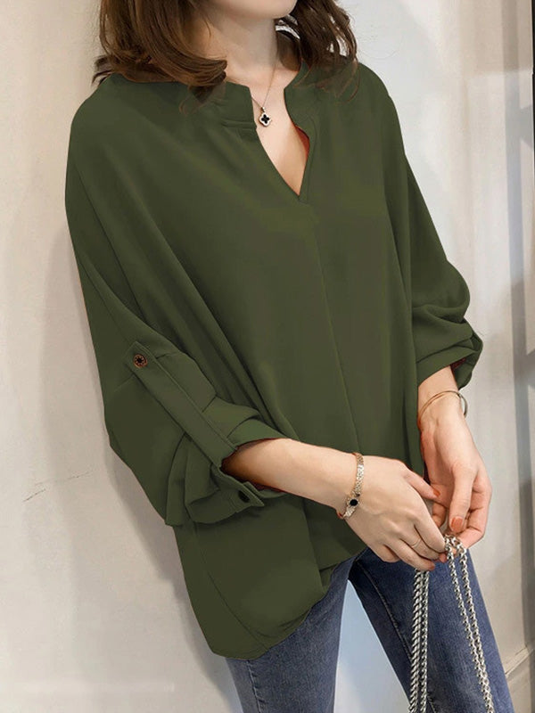 xakxx Casual Long Sleeves Loose Solid Color V-Neck Blouses&Shirts Tops