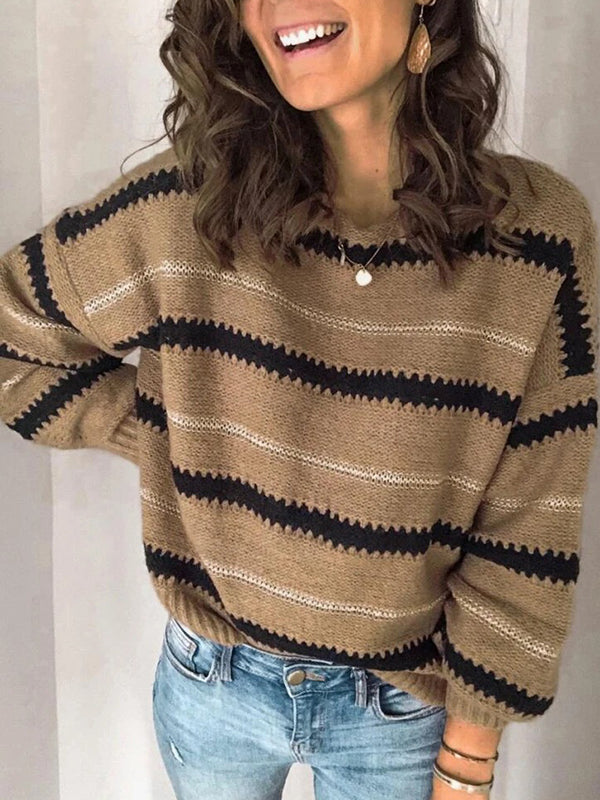 xakxx Long Sleeves Loose Striped Round-Neck Knitwear Pullovers Sweater Tops