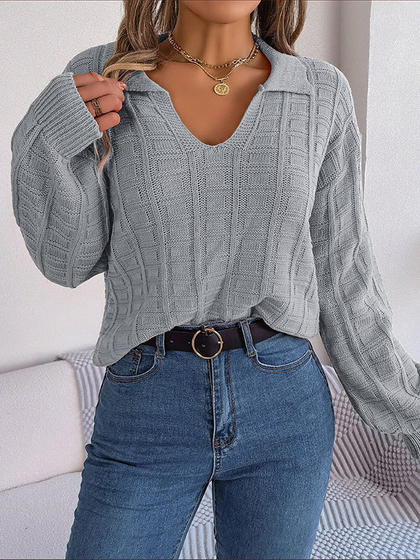 xakxx Long Sleeves Loose Solid Color Lapel Pullovers Sweater Tops