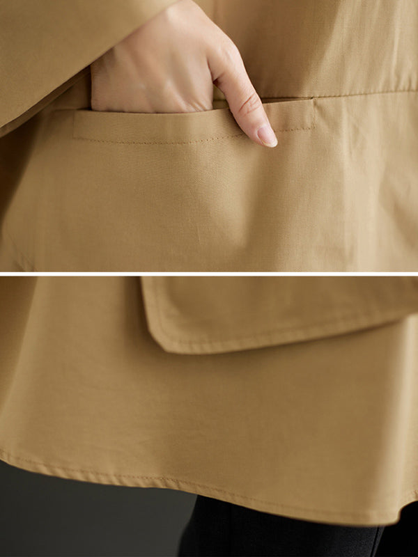 xakxx Loose Solid Color Buttoned Hooded Long Sleeves Trench Coat