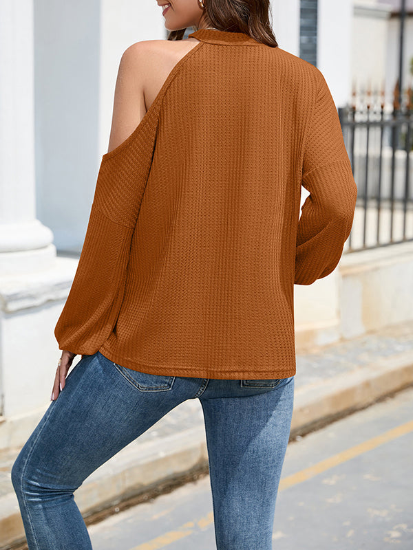 xakxx Loose Hollow Solid Color One-Shoulder Shirts