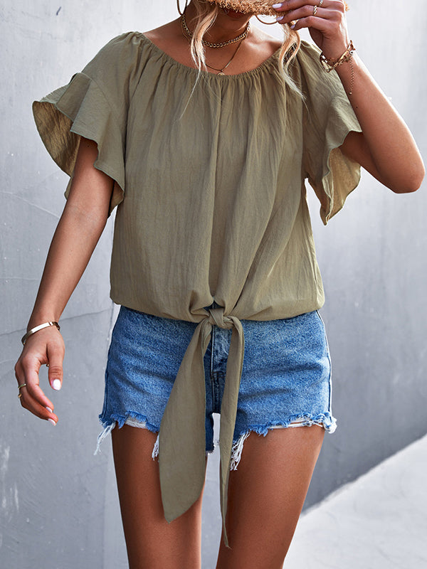 xakxx Loose Short Sleeves Elasticity Falbala Pleated Solid Color Tied Round-Neck T-Shirts Tops