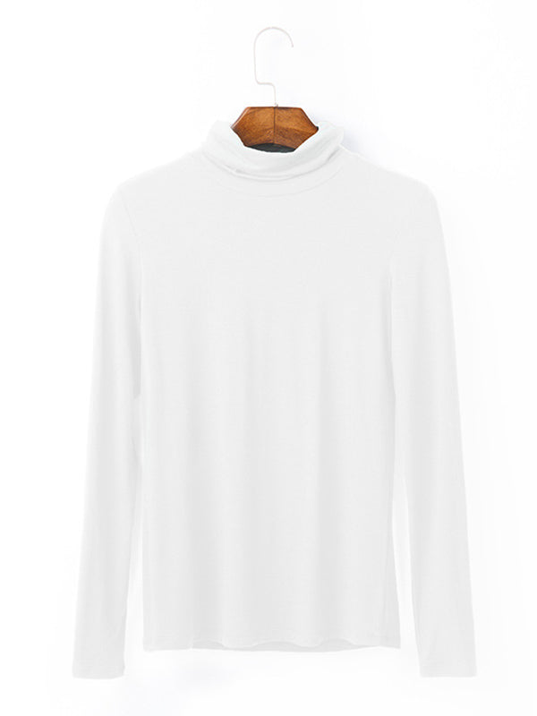 xakxx Simple Long Sleeves Skinny Solid Color High-Neck T-Shirts