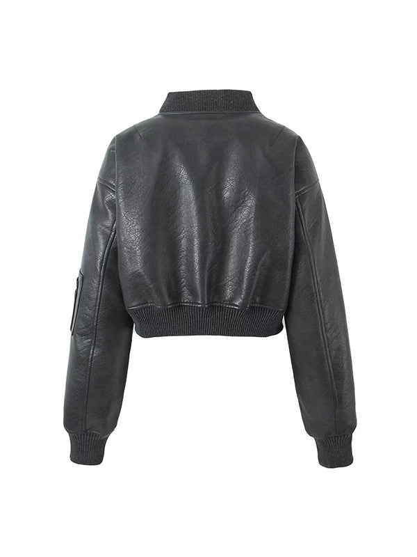 xakxx Quilted Solid Color Zipper Stand Collar PU Jackets Outerwear