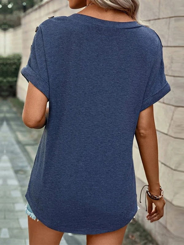 xakxx Loose Short Sleeves Buttoned Solid Color V-Neck T-Shirts Tops