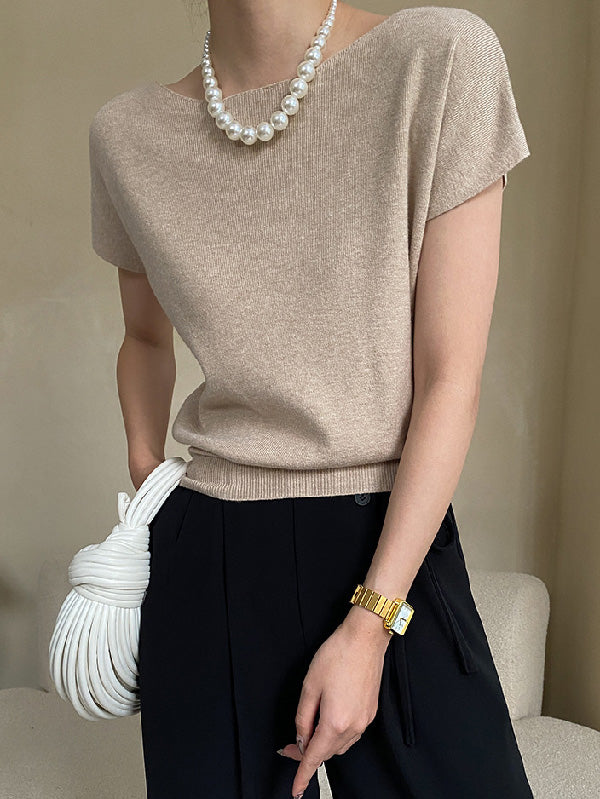 xakxx Stylish Loose Solid Color Boat Neck Knitwear Pullovers Tops
